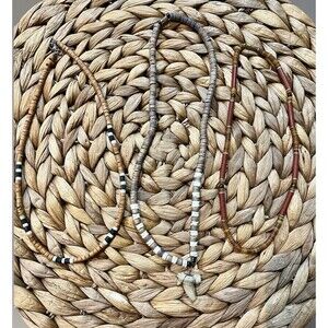VTG Lot Of 3 Heishi Brown & Cream Coconut Wooden Beaded Necklace Tribal Surfer